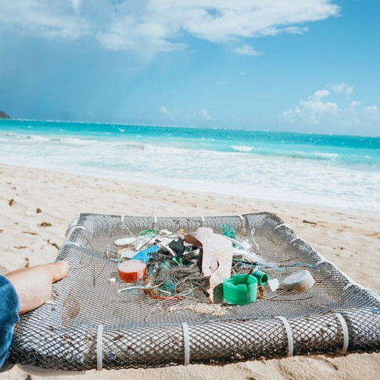 mesh tray holding plastic debris on a beach
