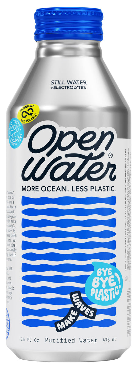 Open Water bottle with blue cap and label on a white background